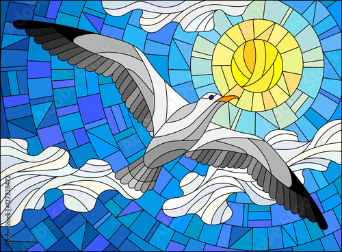 Obraz w ramie Illustration in stained glass style Seagull on the background of sky, sun and clouds