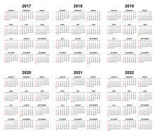Simple Editable Vector Calendars For Year 2017 2018 2019 2020 2021 2022 Sundays In Red First