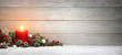 Weihnachten oder Advent Hintergrund: Holz, eine Kerze und Tannenzweige auf Schnee, Panorama Format mit Textfreiraum
