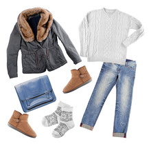 Set Of Stylish Winter Clothes On White Background. Style And Fashion Concept.
