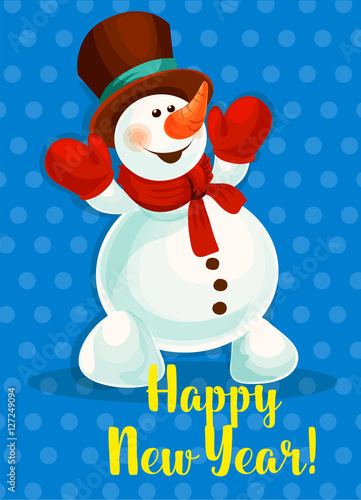 Happy New Year vector greeting poster. Snowman Stock Vector | Adobe Stock
