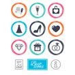 © blankstock - Wedding, engagement icons. Locker with heart, gift box and fireworks signs. Dress, heart and champagne glass symbols. Report document, information icons. Vector