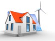 3d illustration of solar and wind energy over white background with house