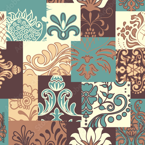 Fototapeta na wymiar Kwiecisty ornament patchwork w jasnych kolorach