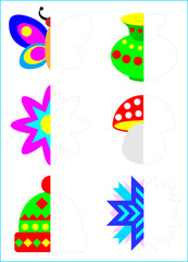 Wall Mural - Logic exercise for young children. Need to draw the second parts of objects considering the symmetry. Vector image.