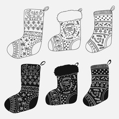 Poster - Vector collection of Christmas stockings. Stylized winter black and white socks. Set.