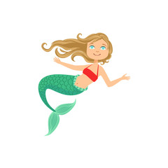 Sticker - Dark Blond Hair Mermaid In Red Swimsuit Top Bra Fairy-Tale Fantastic Creature Illustration