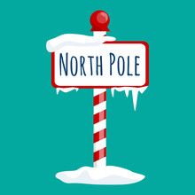 Christmas Icon North Pole Sign With Snow And Ice, Winter Holiday Xmas Symbol, Cartoon Banner