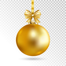 Gold Christmas Ball With Bow Isolated On Transparent Background. Holiday Christmas Toy For Fir Tree. Vector Illustration.