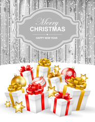 Wall Mural - Merry Christmas and Happy New Year greeting illustration with gift boxes with gold, red ribbons, christmas balls, snow and stars on wood background. Vector illustration.