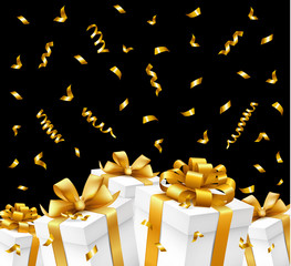 Wall Mural - Gift boxes with gold ribbons and serpentine isolated on black background. Vector illustration.