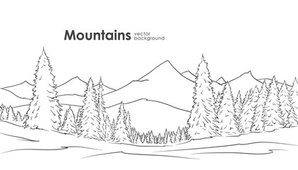 Vector illustration: Hand drawn Mountains sketch background with pine forest on foreground. Line design