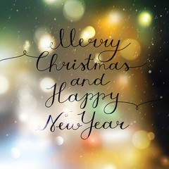 Wall Mural - merry christmas and happy new year, vector lettering, handwritten text on blurred background of night winter street