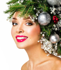 Christmas Woman. Beautiful New Year and Christmas Tree Holiday H