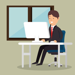 Sticker - office worker business man computer vector illustration eps 10