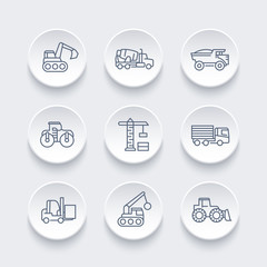 Poster - construction vehicles line icons set, heavy machine, engineering equipment, digger, trucks, excavator, loader, crane