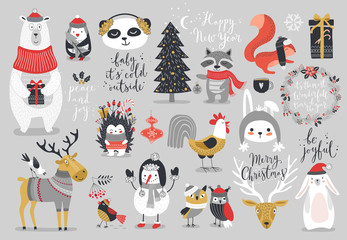 Canvas Print - Christmas set, hand drawn style - calligraphy, animals and other elements.