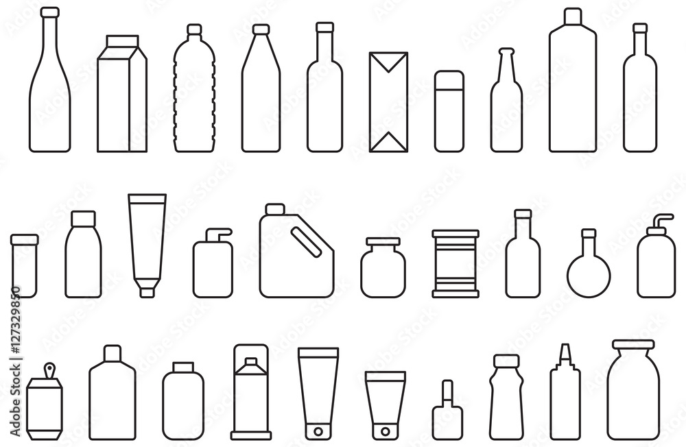BOTTLES & CONTAINERS outline icons - obrazy, fototapety, plakaty 