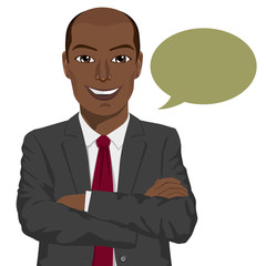 young african american businessman with arms folded and speech bubble