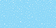 White Snow Falling On Sky Blue Background Seamless Pattern. Flat Style Snowfall Repeating Texture For Christmas Greeting Card Or Banner. Vector Eps8 Illustration.