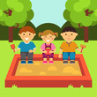 Children playing in the sandbox. Children's playground. Baby-themed flat stock illustration with isolated elements.