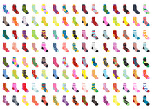Socks Big Set Icons. Socks Collection, Flat Design. Socks Isolated On White Background. Warm Woolen Socks With Cute Patterns. Winter Socks. Vector Illustration