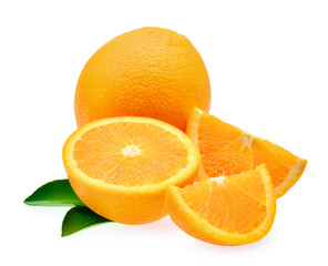 Wall Mural - fresh orange fruit with leaf isolated on white background