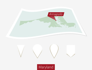 Wall Mural - Curved paper map of Maryland state with capital Annapolis on Gray Background. Four different Map pin set.