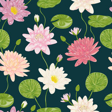 Seamless Pattern With Water Lily. Collection Decorative Floral Design Elements. Flowers, Leaves And Buds. Vintage Hand Drawn Vector Illustration In Watercolor Style.
