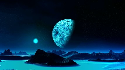 Wall Mural - Blue Moon Rise On An Alien Planet. Mountain and the hills are among the glowing blue mist. Due to the horizon rises a bright blue moon. In the dark night sky bright stars and a huge planet. 