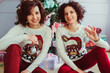 beautiful and funny twins in cute sweaters sits near Christmas t