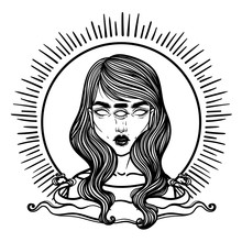 Portrait Of Mystic Girl With Three Eyes. Vector Illustration Of A Witch Mutant. Monster With Three Eyes.
