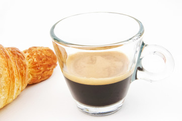 Espresso coffee and croissant  on white background