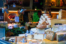 Variety Of Cheese On Display In Borough Market, London