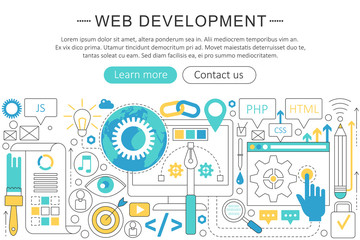 Poster - Vector elegant thin flat line Web development concept. Website header web banner elements layout. Presentation, flyer and poster.