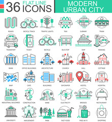 Wall Mural - Vector Modern city color flat line outline icons for apps and web design. Urban city elements.