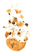 Sticker - Tasty cookie with chocolate chips and crumbs on white background