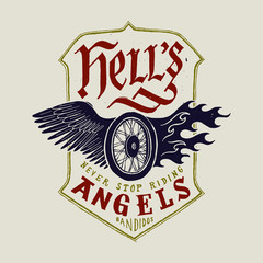 Wall Mural - vintage label with wings of fire and wheel. t shirt print. vector lettering.