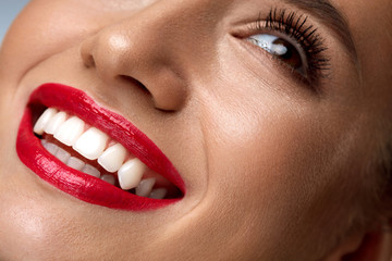 Beauty Fashion Woman Face With Perfect White Smile, Red Lips