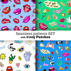 seamless patterns set with fashion patch badges. pop art. stickers, pins, patches in cartoon 80s-90s