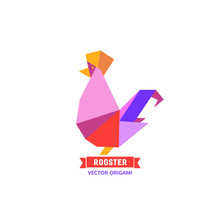 Cartoon Cock Icon. Abstract Rooster Sign. Freehand Drawn Stylized Origami Chicken Emblem. Template Geometric Logo Design. Rectangular Shape Hen Symbol Isolated. Design Element. Vector Illustration