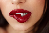 Closeup Beautiful Woman Lips With Red Lipstick. Beauty Makeup