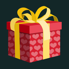 Sticker - Vector Gift Box. Red Present Box with Pink Hearts and Gold Ribbon on Dark Background.