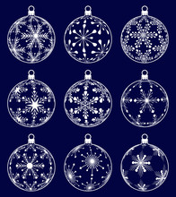 Set Of Nine Christmas Ball Silhouettes With Snowflake Texture On Dark Blue Background, Isolated Holiday Illustration