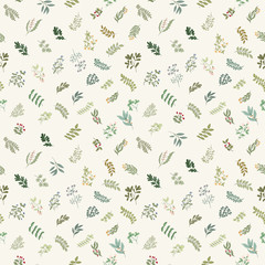 Wall Mural - Seamless pattern of flowers, herbs and leaves