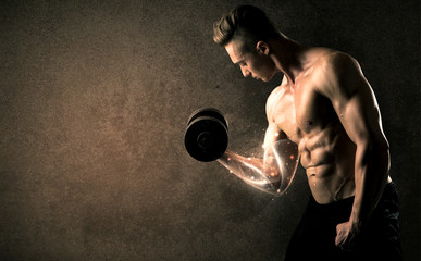 Bodybuilder lifting weight with energetic white lines concept