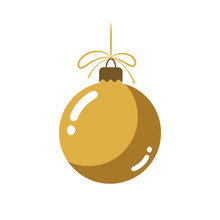 Christmas Tree Gold Ball With Bow. Golden Bauble Decoration, Isolated On White Background. Symbol Of Happy New Year, Xmas Holiday Celebration, Winter. Flat Design For Card. Vector Illustration