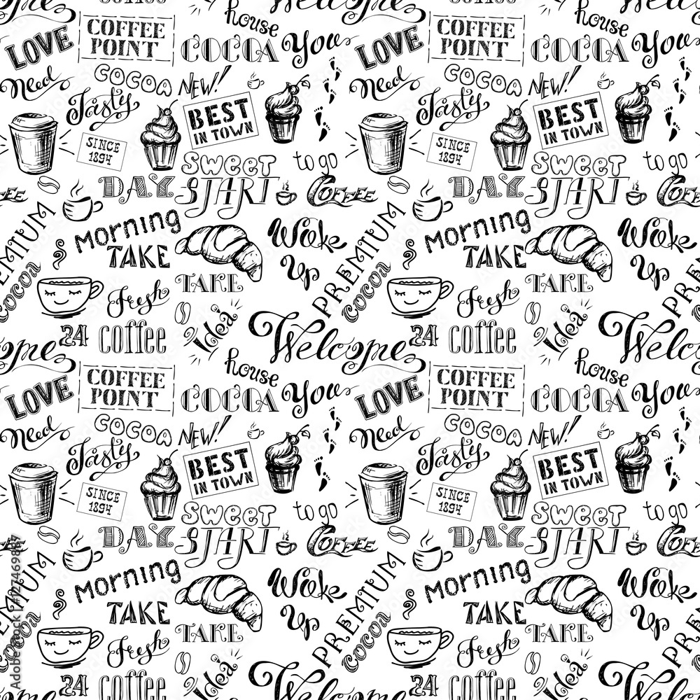Coffee seamless pattern with lettering,hand drawn Stock Illustration ...