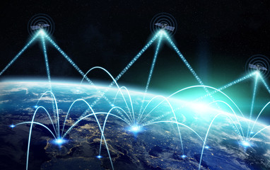 Aufkleber - Global network and satellite data exchange 3D rendering elements