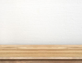 Poster - Empty wood table top with white concrete wall,Mock up for displa